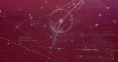 Image of network of connections over processing data on red background 스톡 사진