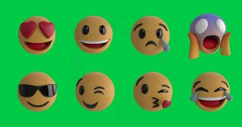 Image of network of connections over rows of emoji emoticon icons over green Stock Photos