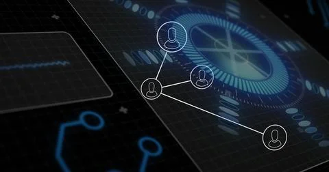 Image of network of connections over scope scanning and data processing on black Illustrazione stock