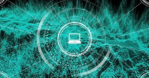 Image of network of connections over scope scanning with digital icons on black Illustrazione stock