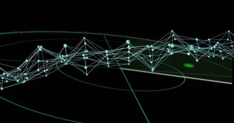 Image of network of connections over scope scanning on black background Stock Photos