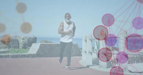 Image of network of connections over senior african american man running at Ilustração Stock