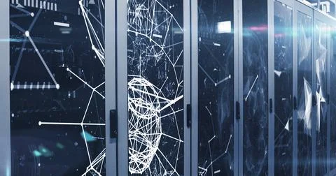 Image of network of connections over server room Illustrazione stock