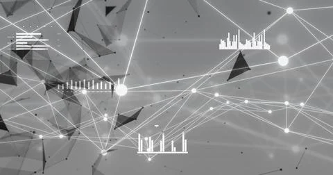 Image of network of connections over shapes and diagrams Stock Photos