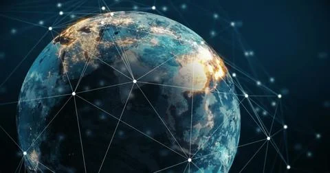 Image of network of connections over a spinning globe against blue background Stock Illustration