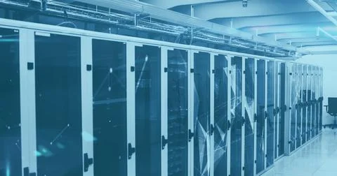 Image of network of connections over tech room with computer servers Illustrazione stock