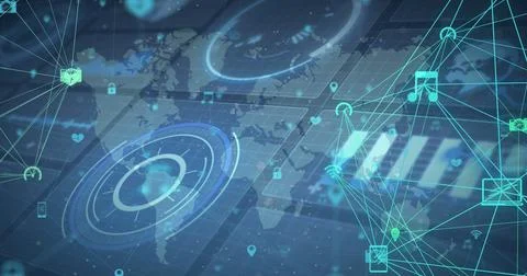 Image of network of connections over world map and processing circle Stock Illustration