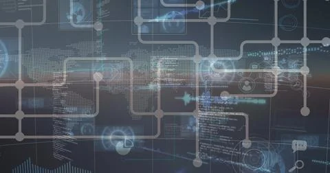 Image of network of connections over world map and data processing Illustrazione stock