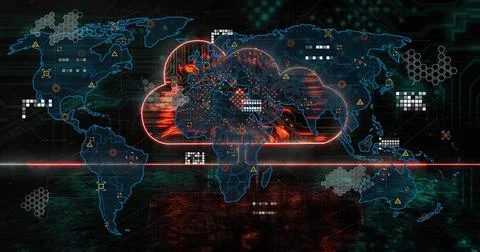 Image of network of connections over world map and cloud Stock Illustration