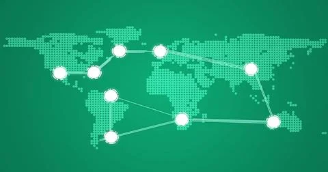 Image of network of connections over world map on green background 스톡 일러스트