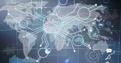 Image of network of connections over world map and media icons イラスト素材