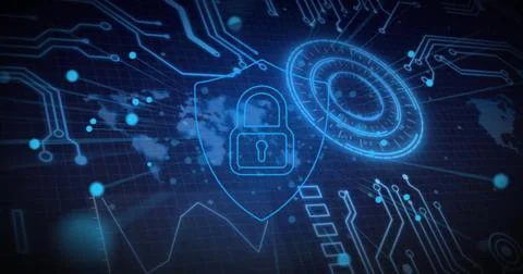 Image of network of connections with padlock icon and circuit board over dark Stockfoto's