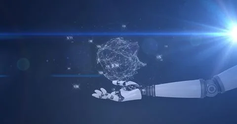 Image of network of connections processing data over hand of robot arm on dark Stock Illustration