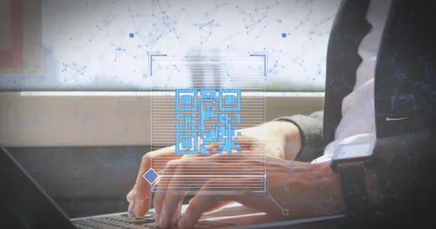 Image of network of connections with qr code over caucasian man using laptop 写真素材