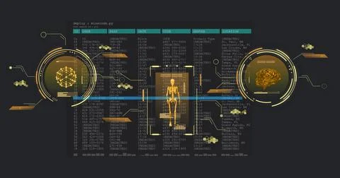 Image of network of connections with science data over black background 스톡 사진