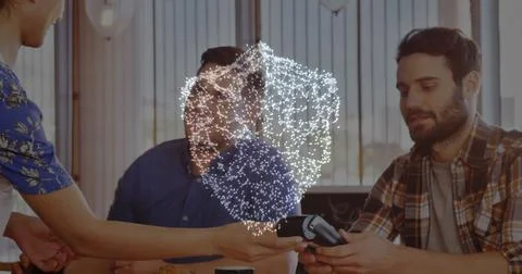 Image of network of connections with security shield over people using payment Stock Photos