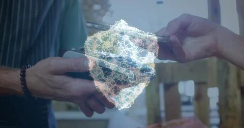 Image of network of connections with security shield over people using payment Foto stock