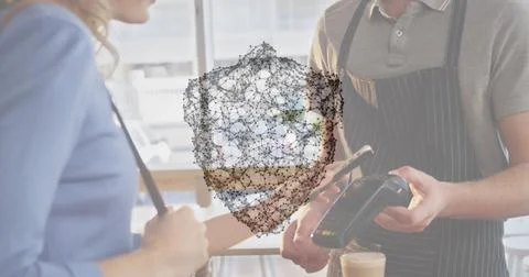 Image of network of connections with security shield over people using payment Foto stock