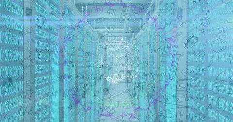 Image of network of connections spinning over computer servers and mathematical Stock Illustration