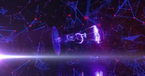 Image of network of connections spinning over glowing satellite Stock Illustration
