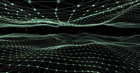 Image of network of connections with spots on black background Foto stock