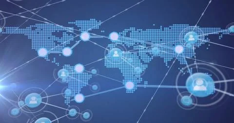 Image of network of connections with spots over world map Stock Illustration