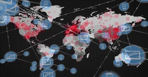 Image of network of connections with spots over world map Illustrazione stock