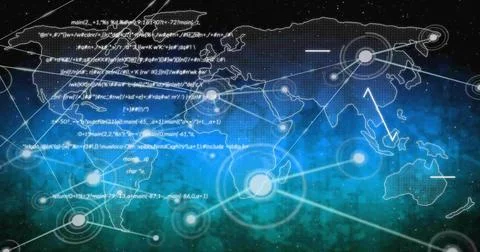 Image of network of connections with spots over world map Illustrazione stock