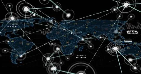 Image of network of connections with spots over world map Illustrazione stock