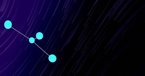 Image of network of connections with spots over purple light trails on black 写真素材
