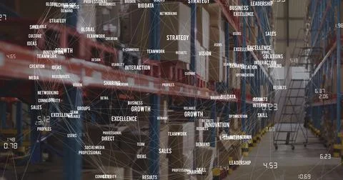 Image of network of connections with texts over warehouse Stock Photos