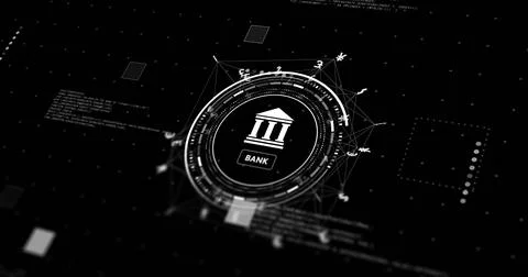 Image of network with data processing and bank signs over black background 스톡 사진