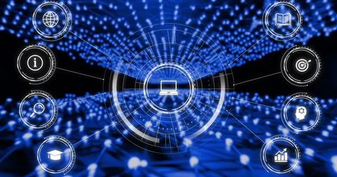 Image of network of digital computer icon over blue glowing network on dark Stock Photos