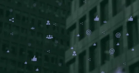 Image of network of digital icons against aerial view of tall building Ilustración de archivo