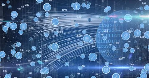Image of network of digital icons against binary coding on globe against light 스톡 일러스트