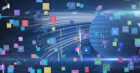 Image of network of digital icons against binary coding on globe against light イラスト素材