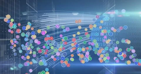 Image of network of digital icons against binary coding on globe against light 스톡 일러스트