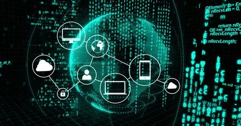 Image of network of digital icons and connections with data processing over 库存插图