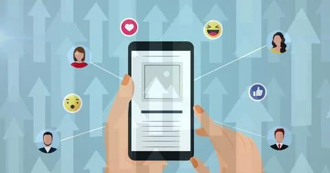 Image of network with digital icons and person using smartphone with arrows Stockillustratie