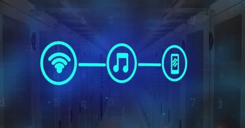 Image of network of digital icons and blue light spot against computer server Stock Illustration