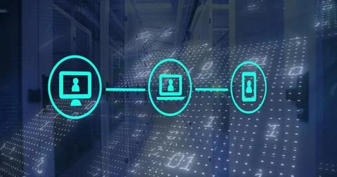 Image of network of digital icons and binary coding against computer server room Stock Illustration
