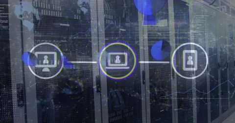Image of network of digital icons and data processing against computer server Stock-Illustration