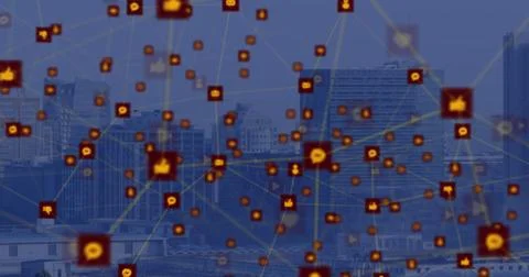 Image of network of digital icons and dots pattern against aerial view of Stock Illustration