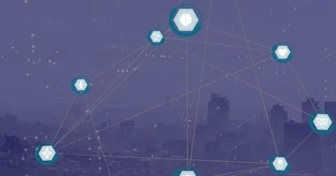 Image of network of digital icons and dots pattern against aerial view of Stock Illustration