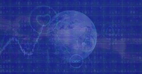 Image of network of digital icons and binary coding and globe against blue Stock-Illustration