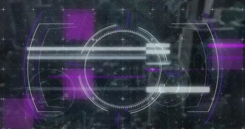Image of network of digital icons and scope scanning over aerial view of Stock Illustration