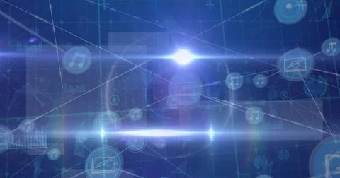 Image of network of digital icons and spot of light against blue background Stock Illustration