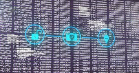 Image of network of digital icons and data processing against blue background Foto stock