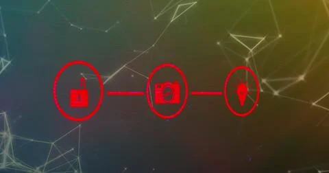 Image of network of digital icons and plexus networks against gradient Stock Photos