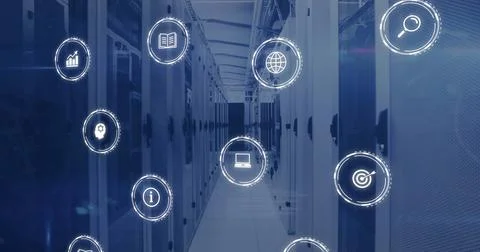 Image of network of digital icons and computer servers Stock Photos